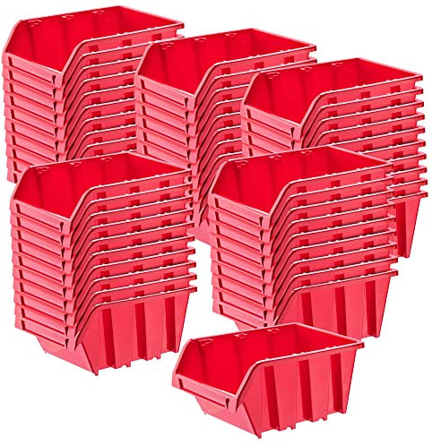 KADAX Werkstatt-Stapelkiste, Stapelbox aus PP Kunststoff, Sichtlagerbox in verschiedenen Größen, Lagerboxen für Werkzeugswand, Sichtlagerkasten, Sortierbox (Rot 50 Stück, 195x120mm)