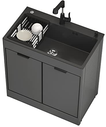 Fregadero de Acero Inoxidable Portátil Negro con Patas y Grifo - Preparación Estación de Trabajo para Cocina y Lavandería