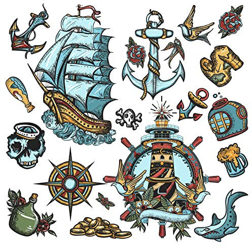 WandSticker4U®- Wandtattoo PIRATEN retro I Wandbilder: 60x48 cm I Wand Aufkleber Wandsticker Segelschiff Anker Schatzkarte Gold Hai Schlafzimmer Jugendzimmer Teenager Bad Deko COOL