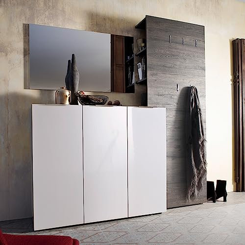 Lomadox Garderoben-Set mit ausklappbaren Kleiderhaken und Schuhkommode in weiß Hochglanz mit Wenge | Moderne Flurgarderobe
