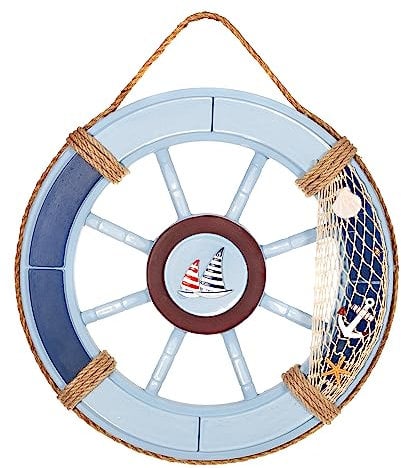 Birendy Holzdeko Steuerrad in Blau Weiß mit maritimen Keramikapplikationen Durchmesser 45cm Perfekte maritime Dekoration (12-Hellblau-Schiff-Grifflos)