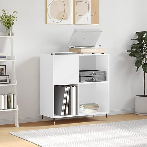 Prissent Meuble porte-disques 84,5 x 38 x 89 cm en bois multicouche - étagère pour vinyle, bibliothèque étroite, meuble TV, porte CD - blanc brillant