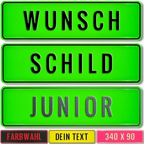 Kennzeichen Junior Schild 34cm x 9cm mit Wunschtext Wunschprägung Namenskennzeichen Namensschild 340x90mm Bobbycar Gokart Tretauto Kettcar Fun Schild (neon grün)