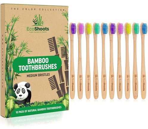 EcoShoots Adults Bamboo Toothbrushes with Medium Bristles - Family Pack of 10 Natural Bamboo Toothbrush - Eco-Friendly Natural Wooden Toothbrush - Organic Biodegradable Handle - BPA Free Tooth Brushes