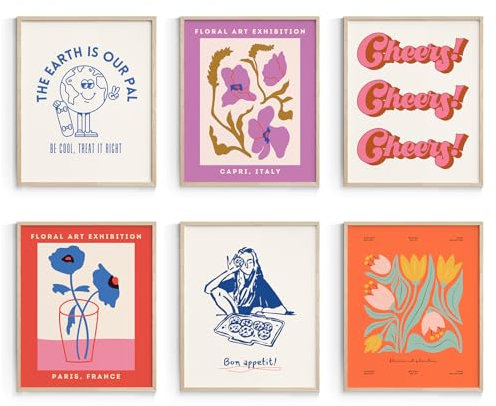 Habseligkeit Niedliche Wanddeko fürs Mädchenzimmer, bunte 70er-Jahre-Poster im ästhetischen Stil, Wandbilder für Raumdeko, ungerahmt, 20 x 25 cm, 6er-Set