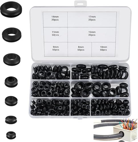 Rubber Cable Grommet, 260 Pieces Grommets, Black Rubber Grommets, Rubber Seal Set in 7 Sizes, Cable Grommet, Rubber Grommet, Rubber Plugs for Wire, for Wire, Electrical Installation, Cable Duct