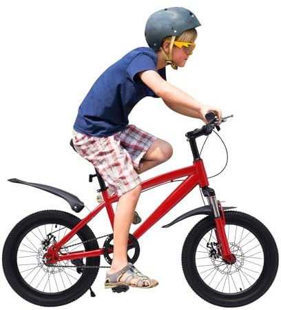 HauTour Kinderfahrrad, 18 Zoll Kinderfahrrad Höhenverstellbar Kinderfahrrad mit Hilfsrad 6-8 Jahre Leichtes Schnellmontagerad Für Jungen und Mädchen (Rot)