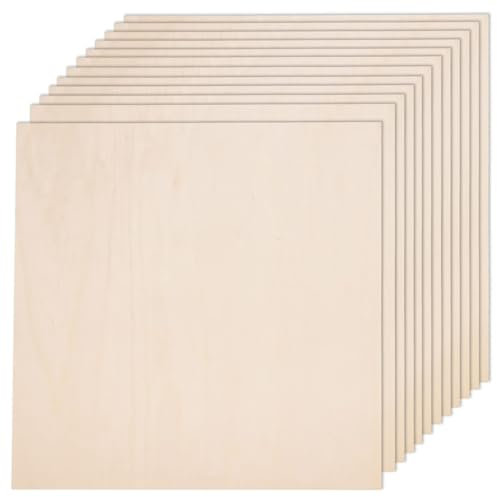 12 Pack Plywood Sheets for Crafts 300 x 300 x 3mm Unfinished Basswood Sheets Blank Square Plywood Boards Craft Wood for Woodcraft, Painting, Engraving, Stenciling, Staining, Home Decor, Models Making