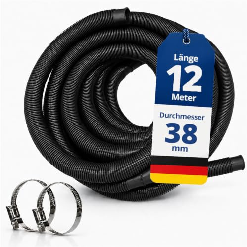 HAF Tuyau de piscine de qualité supérieure 38 mm noir 12 m pour jardin et piscine | Tuyau solaire avec 2 colliers de serrage en acier inoxydable | Tuyau de piscine | Tuyau de pompe – Qualité