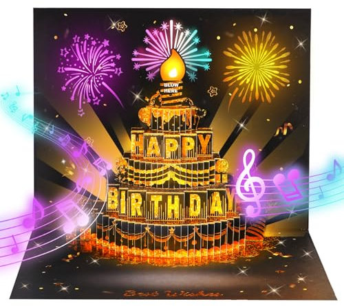 APOTODITO Geburtstagskarte mit Musik und Licht, Happy Birthday Card, 3d Geburtstagskarten, Geburtstagsgeschenk für Frauen Kinder Freundin Männer (Feuerwerk mit Kerzen)