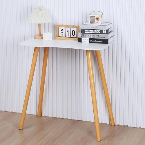 Juebueix Bureau d'ordinateur Moderne avec Pieds en Bois Massif – spacieux pour Bureau à Domicile, étude, Design Ergonomique Moderne, Plaque épaisse, de spacieux, Table d'écriture Travail Blanc