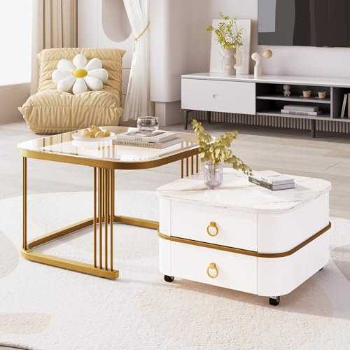 BTM Lot de 2 Tables Basses gigognes, Table Basse gigogne carrée 60/50cm, Table Basse avec Plateau en Verre et tiroir Blanc pour Salon, Chambre, Bureau, Appartement, Design Moderne, Blanc