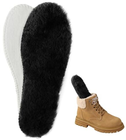 ISQFIQ Echte Lammwolle Einlegesohlen für Damen Herren, Winter Warme Schaffell Schuheinlagen, Weiche Thermo Dick Lammfell Sohlen für Schneestiefel, Hausschuhe, Arbeitsschuhe, Schwarz 43EU