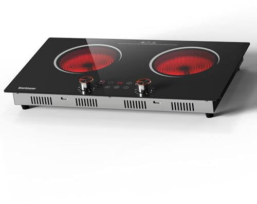 Karinear Placa Vitroceramica 2 fuegos con enchufe, 3200W, 60cm, Mando de control, Placa portátil, Calefacción por infrarrojos, Bloqueo de seguridad para niños, Temporizador