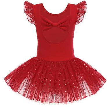 Arshiner Kinder Ballettkleidung Schleifen Mädchen Paillette Ballettkleid Kurzarm Ballett Trikot Tütü Tanzkleid Ballerina Outfits mit Glänzender Rock Rot 150