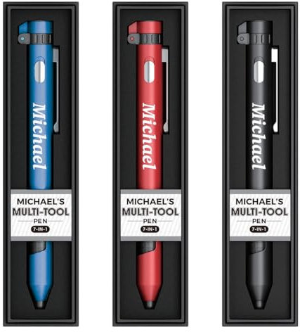 Michael Named Personalised Multi-Tool Pen, 7-in-1 with Torch, Phone Holder, Stylus, Compass, and Screwdriver Set - Assorted Colours (Red, Blue, Black) - Black Ink