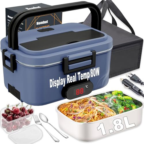 Homhut Gamelle Chauffante Affichage Température 80W Lunch Box Chauffante électrique 12V/24V/230V Boite Repas 1,8l Enfant/Adulte Pour Bureau,école,Voyage,Voiture(Bleu)