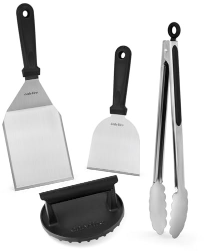 Onlyfire Ensemble Spatule Plancha Accessoires Set, Contient Presse à Burger en Fonte, Pince à Grillade et 2 Spatules, Ustensiles Barbecue Kit pour Teppanyaki, Plaque de Barbecue, 4 Pièces