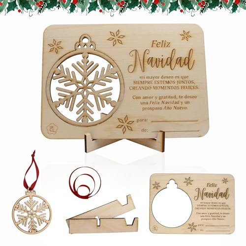 ayurvana Tarjeta Personalizada - Ornamento Navideño de Madera Grabado - Regalo Original y Ecológico - Decoración para Árbol Navidad - Felicitación Única y Sostenible
