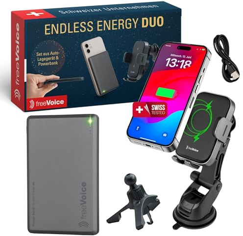 freeVoice Auto-Handyhalterung & Powerbank Set I 15W Auto-Halterung mit Ladefunktion I Dünne 20 W Handy-Powerbank I 360° Handyhalter für Auto-Lüftung I Induktives Ladegerät kompatibel mit MagSafe