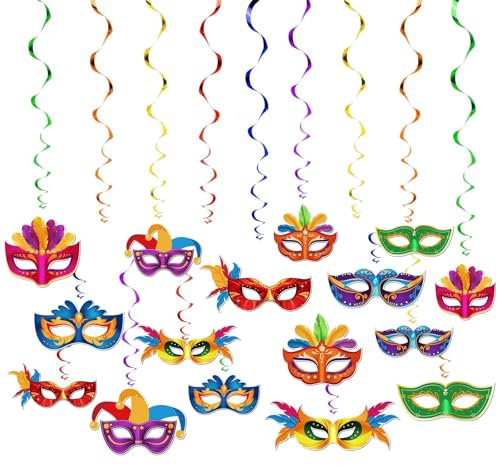 BOFUNX 16 Stück Hängende Wirbel Girlande Spiral Girlanden mit Maskerade Masken Deckenhänger Spiral Hängegirlanden Partygirlanden für Fasching Karneval Geburtstag Zirkus Party Deko