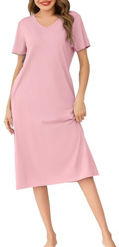 Wikoan Chemise de Nuit Femme Coton Chemises de Nuit Ete Robe de Nuit Longue Col en V Manches Courtes Vêtement de Nuit Femme avec Poches Rose S