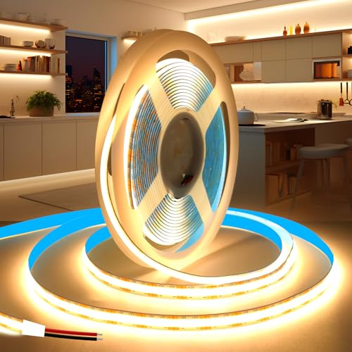 KSIBNW 24V COB LED Strip 10m/32.8ft, Warm White 3000K Led Strip Lights 8mm Width LED Tape Lights Flexible CRI90+ Uniform Dotless for Bedroom Cabinet Kitchen Decoration (No Power Supply)