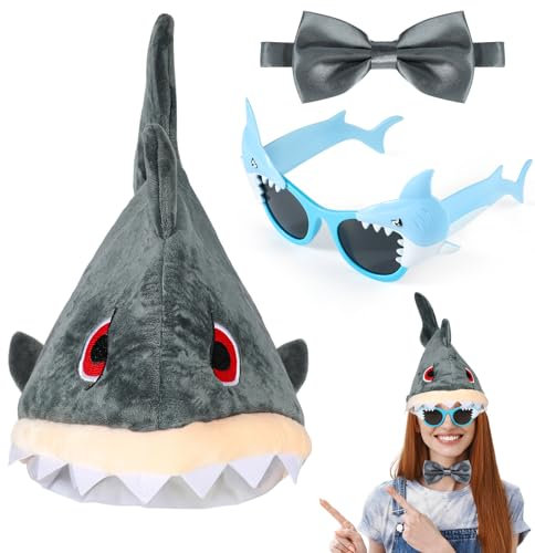 3STK Hai Mütze Hai Brillen Fliege Set - Hai Kostüm Erwachsene Kinder, Fisch Kostüm Unterwasser Kostüm Zubehör, Haifisch Hüte Lustige Mützen Lustige Brillen für Karneval Halloween Motto Party Cosplay