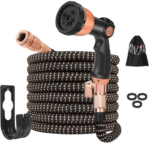 50ft Hose Pipe - Expandable Garden Hose with 10 Modes Spray Gun, Flexible Garden Hose Pipe, 3/4, 1/2 Solid Brass Fittings, Lightweight & Kink-Free 3 Times Expanding Hose for Gardening