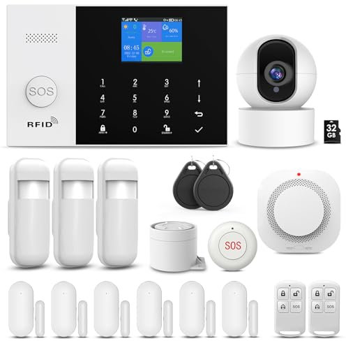 XNY 4G / WiFi Allarme Casa Senza Fili con Telecamera Wi-Fi Interno 360° Visuale, Antifurto casa wireless con Rilevatore di Fumo, Rilevatore di Movimento, Sensore Porte Finestre, Sirena, Telecomando