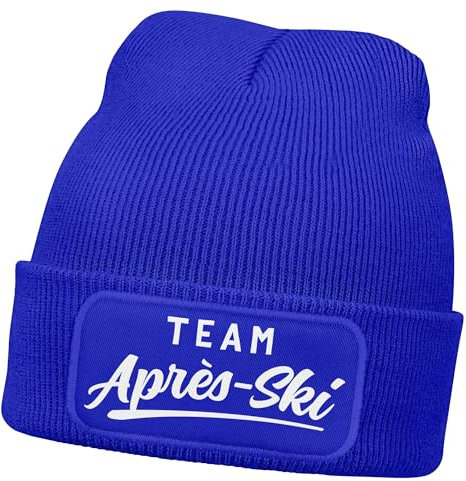 MoonWorks® Herren Beanie mit Patch Strickmütze Skifahren Party Skiurlaub Spruch Aufdruck Lustig Mütze Männer Blau Unisize