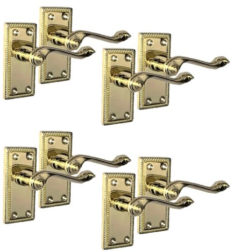 Georgian Style Scroll Brass Door Handle Set – Internal Door Handles with Tubular Latch, Classic Brass-Plated Finish (1-6 Pairs) – Backplate Size 108mm x 48mm (4 Pair of Handles)