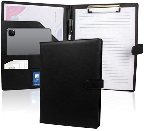 Porte Bloc A4 avec Pince - Porte Bloc Notes Porte Documents A4 en Cuir - Conférence Porte, Planificateur, Lettres,CV et Mémos pour la Maison et Le Bureau (Noir.)