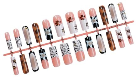 24pcs Bara Finte Unghie Premendo Su Unghie Artificiali Unghie Finte Colla Su Chiodi Leopardo Disegni Chiodi Francesi Suggerimenti