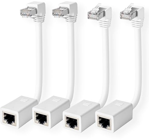 90 Degree Cat 6 Ethernet Extension Cable 4 Pack，Right Angles (UP & Down) Short Cat6 Male to RJ45 Female Network LAN Patch Cord FTP Shielded Extender Adapter Connector, Supports CAT5E/CAT5-2 Feet White