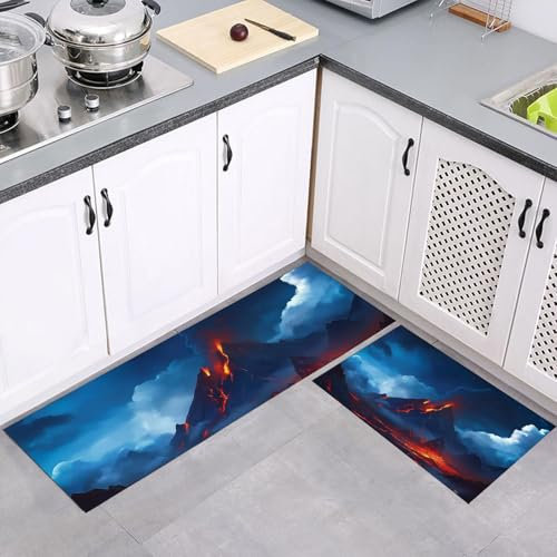 2 Stück Washable Rubber Backing Küchenteppich Set, Inseln Vulkane Wasser und Öl Aufnehmen Küche Matten, Landschaften Küchenläufer Set für Küche, Wäscherei,Wohnzimme, 43x75cm+43x150cm