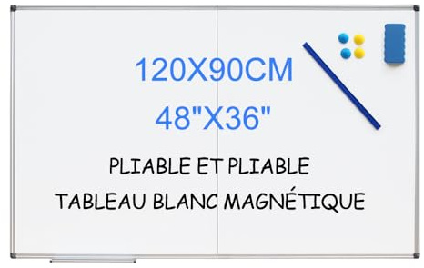 XIWODE Tableau Blanc Magnétique Pliable Murale - 120x90 cm - Cadre Aluminium Argenté - pour Bureau, École, Maison
