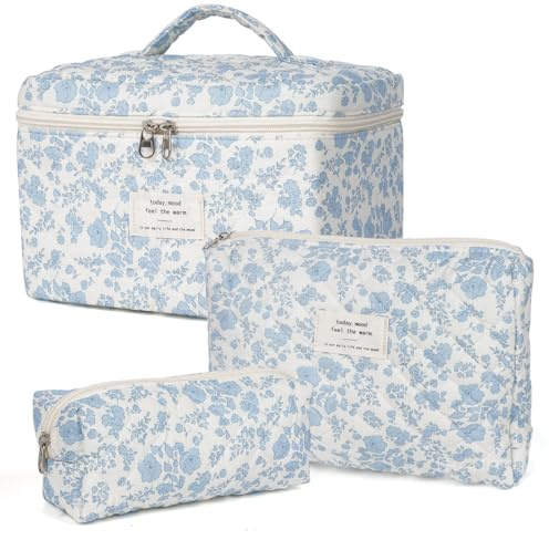 Kosmetiktasche, Gesteppte Kosmetiktasche für Frauen,Damen Blumen-Schminktasche, Reise-Toiletten-Organisationstasche Set