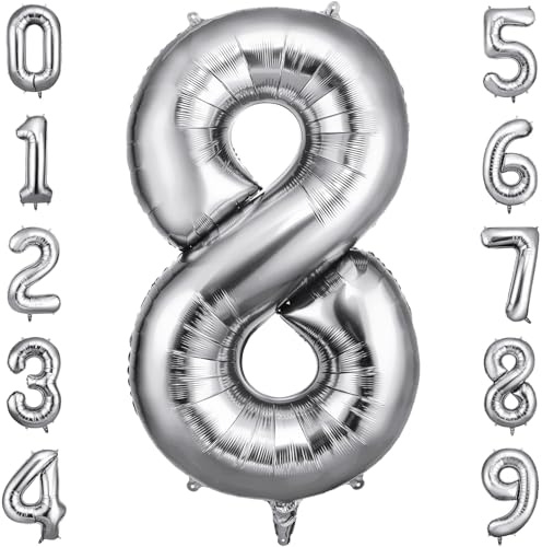 OFFCUP Geburtstag Zahlen Luftballon Silber, Geburtstagsdeko Ballons Zahl 8 | Riesige Folienballon in 40 Helium Ballons für Männer Frauen Geburtstagsparty Deko, Jubiläum 8 Jahre Deko