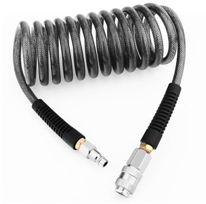 GASHER 1/4 x 3m Polyurethane Recoil Air Hose 6mm with Bend Restrictor, 1/4 Europe Quick Coupler and Plug, for Air Compressor,Black