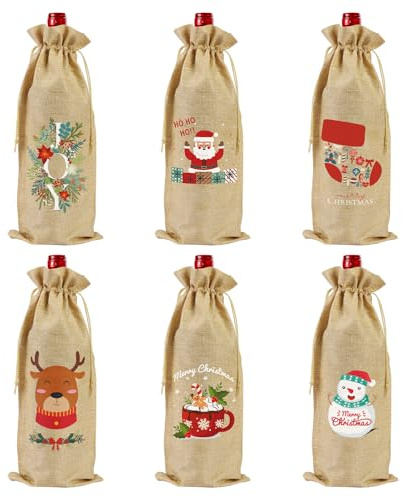 6 Christmas Wine Bottle Bags, Wine Gift Bags with Multi-Color Print, Reusable Christmas Bottle Gift Bags for Holiday Party Decorations, Wine Lover Gifts, Xmas Party Favour (Beige, 35×15cm)