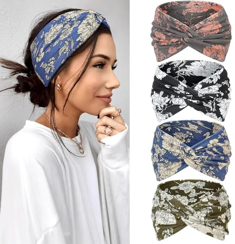 Kavya Haarband Damen Stirnband Damen 4er Pack – 7'' Extra Breit Haarbänder Dünn, Elastische Kopftuch Weiche Boho Mehrfarbig Headband, für Yoga, Kosmetik, Sport & Haarschmuck Sommer
