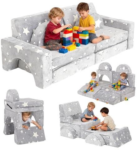 Kids Sofa Bed, 10-Piece Modular Toddler Chair Couch for Kid,Kids Play Sofa,Children Chairs Lounger Fold Out,2 Seater Baby Armchair Couch for Bedroom Playroom,Children Sofa Bed for Girls Boys (Grey)