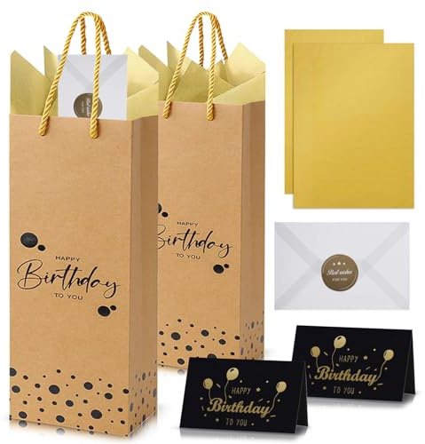 Brown Gold Happy Birthday Bottle Bags Wine Carry Bag for Men Women,Kraft Paper Gift Bags for Wine,2pack Wine Bottle Gift Bag with 4 Gold Tissue Paper & 2 Gift Cards for Wines,Whiskey,Spirits,Champagne