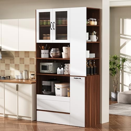 SUKY Mueble alto con estantes ajustables y cajones, armario buffet con estantes extensibles y cristal estriado, ideal para comedor, salón y cocina, 100 × 40 × 200 cm, color blanco y nogal