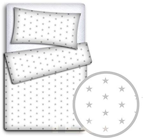 Babymam BABY BEDDING SET PILLOWCASE + DUVET COVER 2PC TO FIT JUNIOR BED (Grey stars on white background)