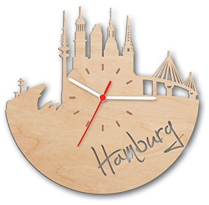 Skyline Hamburg 2017 Wanduhr aus Birken-Holz Made in Germany | Design Uhr aus Echtholz | Wand-Deko aus Birke | Originelle Wand-Uhr | Moderne Wand-Uhr im Skyline Design | Wand-Dekoration aus Natur-Holz