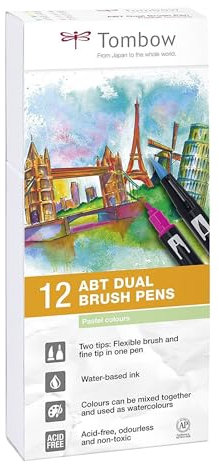 Rotulador tombow acuarelable doble punta pincel colores pastel estuche de 12 unidades colores surtidos