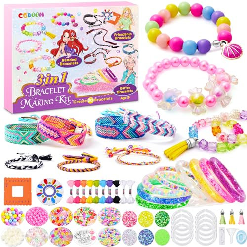 Geschenke für Mädchen, 3-in-1 Schmuck Basteln Mädchen, Freundschaftsbänder Knüpfen Set, Glitzer Armbänder Selber Machen Set, Bastelset Kinder ab 3 Jahre, Geburtstagsgeschenk Mädchen Spielzeug ab 6-12