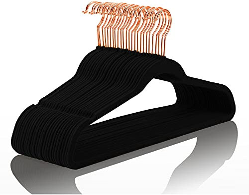 MIZGI Hochwertige Samt-Kleiderbügel (30 Stück), strapazierfähig, rutschfest, Samt, schwarz, Kupfer-/Roségoldhaken, platzsparende Kleiderbügel (schwarz)